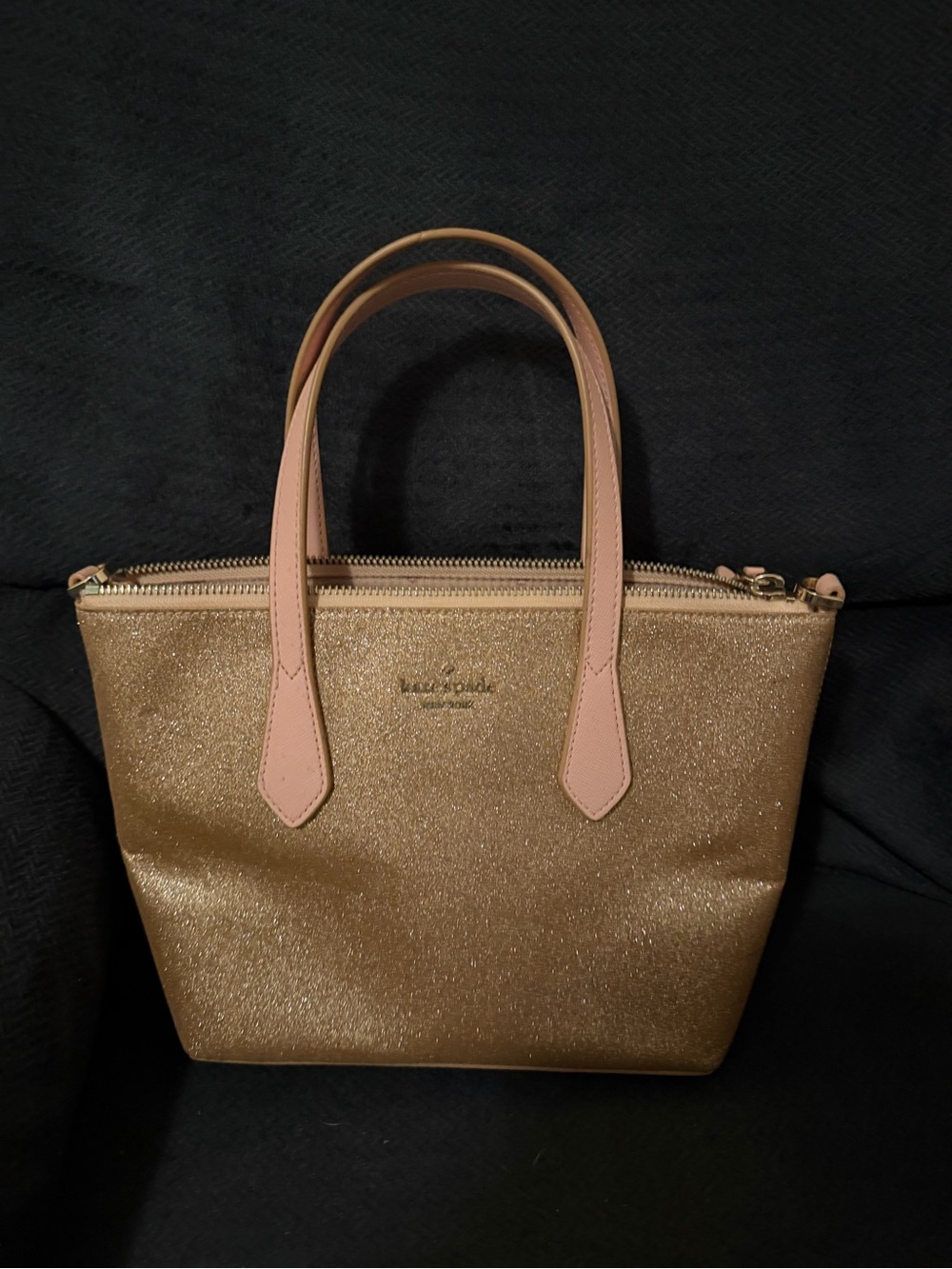 kate spade Gold Glitter Tote with Pink Handles